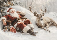 Een poster met de Kerstman en zijn rendieren in een vredig winterlandschap-7