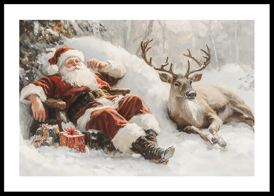 Een poster met de Kerstman en zijn rendieren in een vredig winterlandschap-12