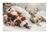 Een poster met de Kerstman en zijn rendieren in een vredig winterlandschap-1