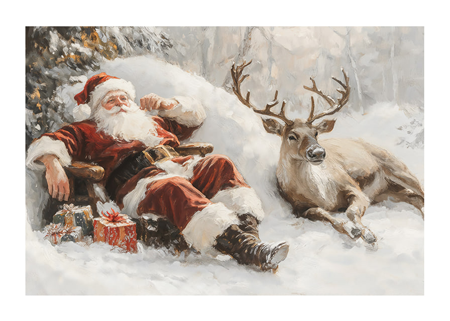 Een poster met de Kerstman en zijn rendieren in een vredig winterlandschap-12