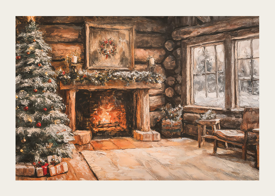 Plagát, ktorý zachytáva vianočnú atmosféru v rustikálnom zrube-12