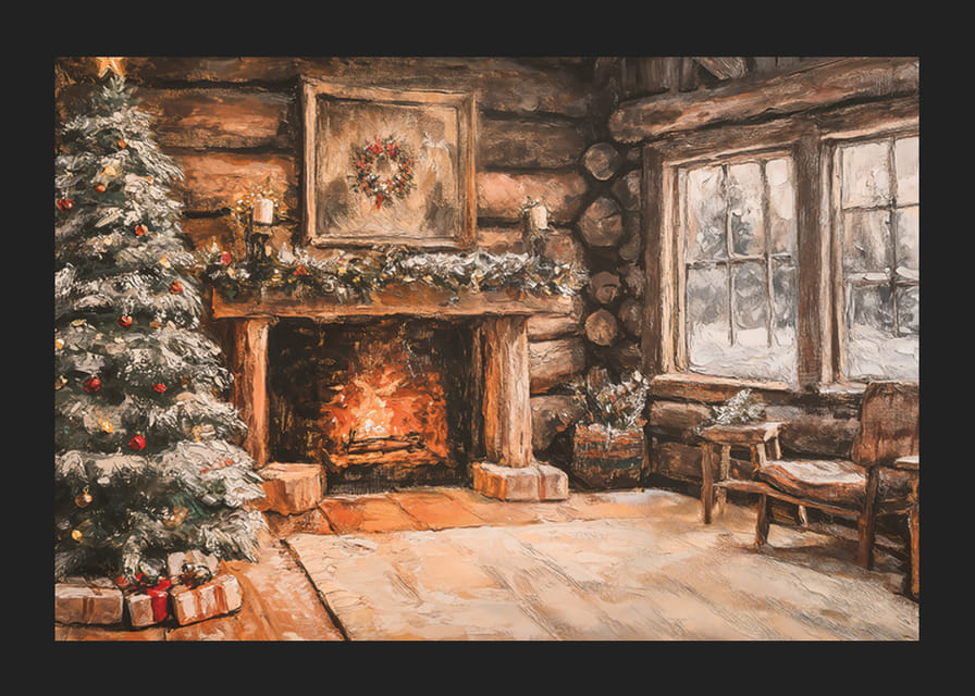Plagát, ktorý zachytáva vianočnú atmosféru v rustikálnom zrube-12