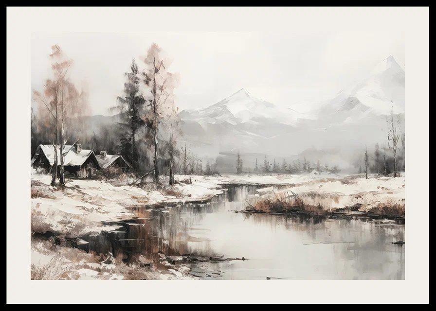 A poster that captures the stillness of the winter landscape with cottages by a peaceful river-12