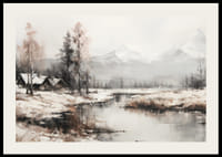 Une affiche qui capture le calme du paysage hivernal avec des chalets au bord d'une rivière paisible-2