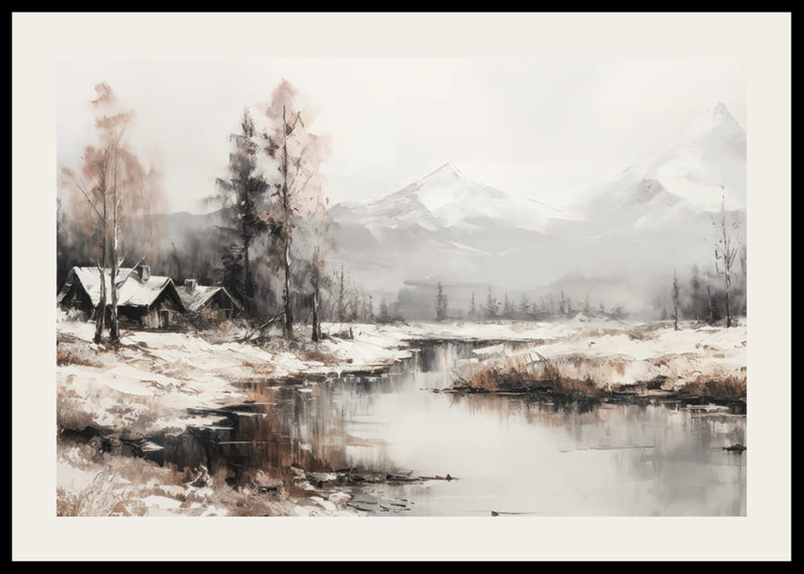 Une affiche qui capture le calme du paysage hivernal avec des chalets au bord d'une rivière paisible-12