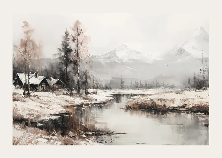 A poster that captures the stillness of the winter landscape with cottages by a peaceful river-12