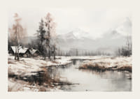Une affiche qui capture le calme du paysage hivernal avec des chalets au bord d'une rivière paisible-3