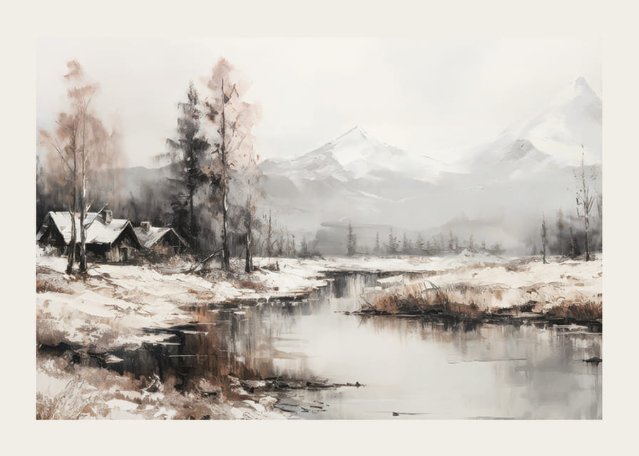 Une affiche qui capture le calme du paysage hivernal avec des chalets au bord d'une rivière paisible-12
