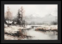 A poster that captures the stillness of the winter landscape with cottages by a peaceful river-4
