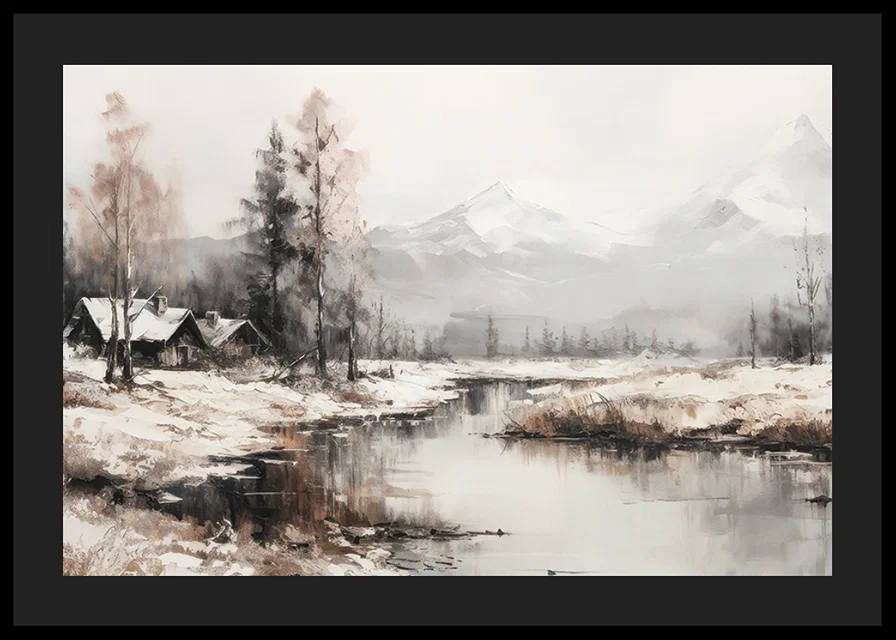 A poster that captures the stillness of the winter landscape with cottages by a peaceful river-12