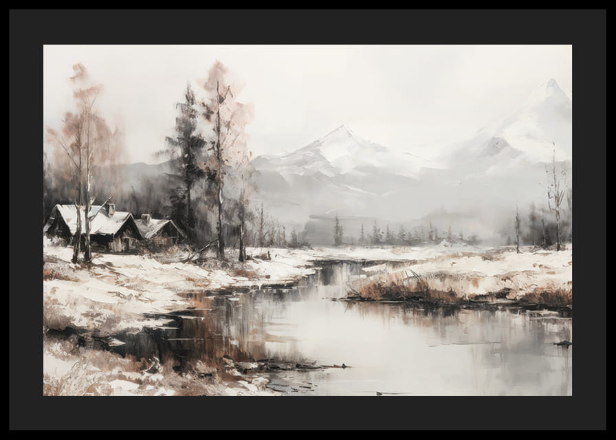 Une affiche qui capture le calme du paysage hivernal avec des chalets au bord d'une rivière paisible-12