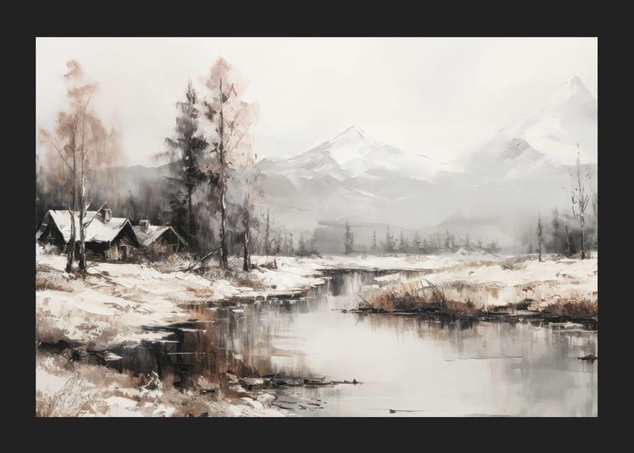 Une affiche qui capture le calme du paysage hivernal avec des chalets au bord d'une rivière paisible-12