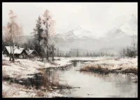 A poster that captures the stillness of the winter landscape with cottages by a peaceful river-6