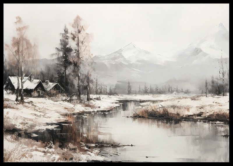En plakat, der fanger stilheden i vinterlandskabet med sommerhuse ved en fredelig flod-12