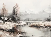 A poster that captures the stillness of the winter landscape with cottages by a peaceful river-7