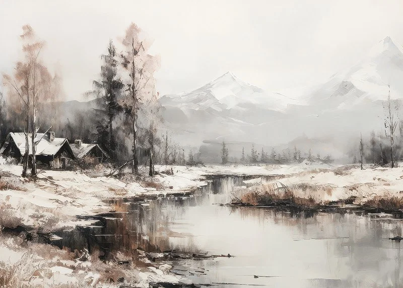 A poster that captures the stillness of the winter landscape with cottages by a peaceful river-12
