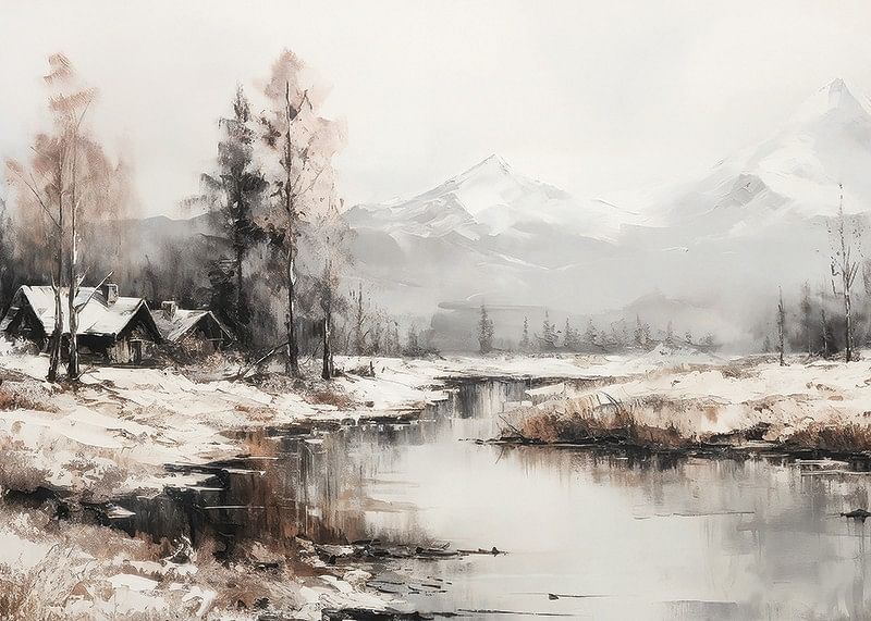 En plakat, der fanger stilheden i vinterlandskabet med sommerhuse ved en fredelig flod-12