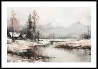 A poster that captures the stillness of the winter landscape with cottages by a peaceful river-0