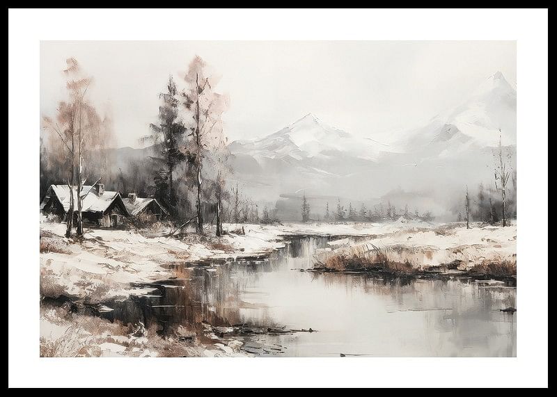 En plakat, der fanger stilheden i vinterlandskabet med sommerhuse ved en fredelig flod-12