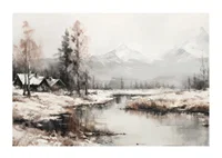 A poster that captures the stillness of the winter landscape with cottages by a peaceful river-1