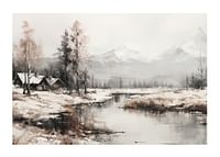En plakat, der fanger stilheden i vinterlandskabet med sommerhuse ved en fredelig flod-1