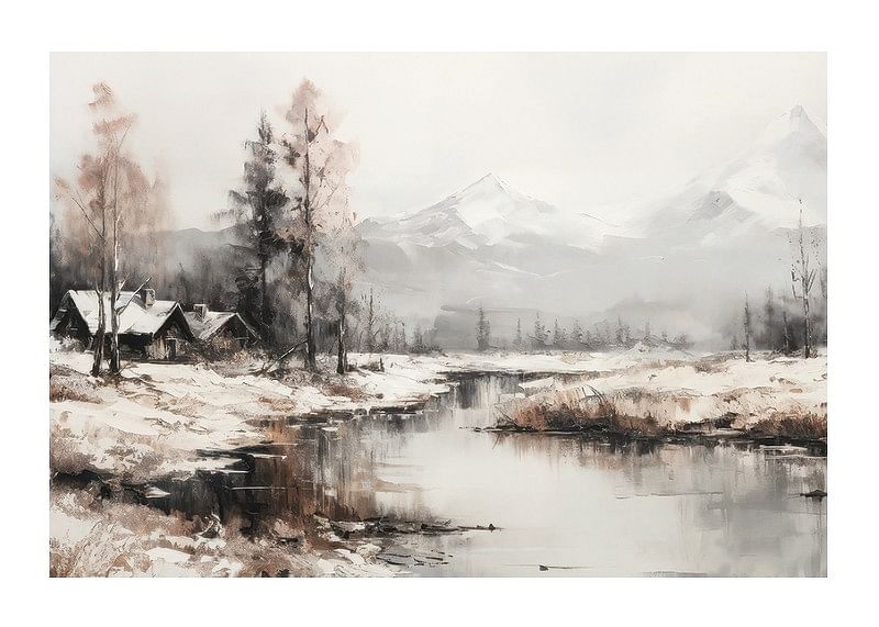 En plakat, der fanger stilheden i vinterlandskabet med sommerhuse ved en fredelig flod-12