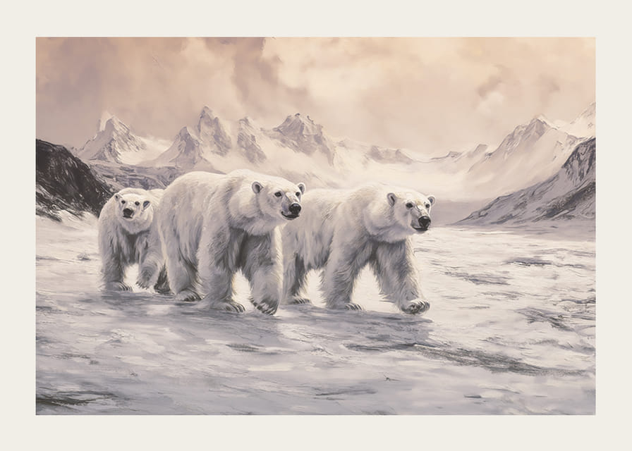 Plakatas, kuriame užfiksuoti baltieji lokiai, keliaujantys per sustingusį arktinį kraštovaizdį-12