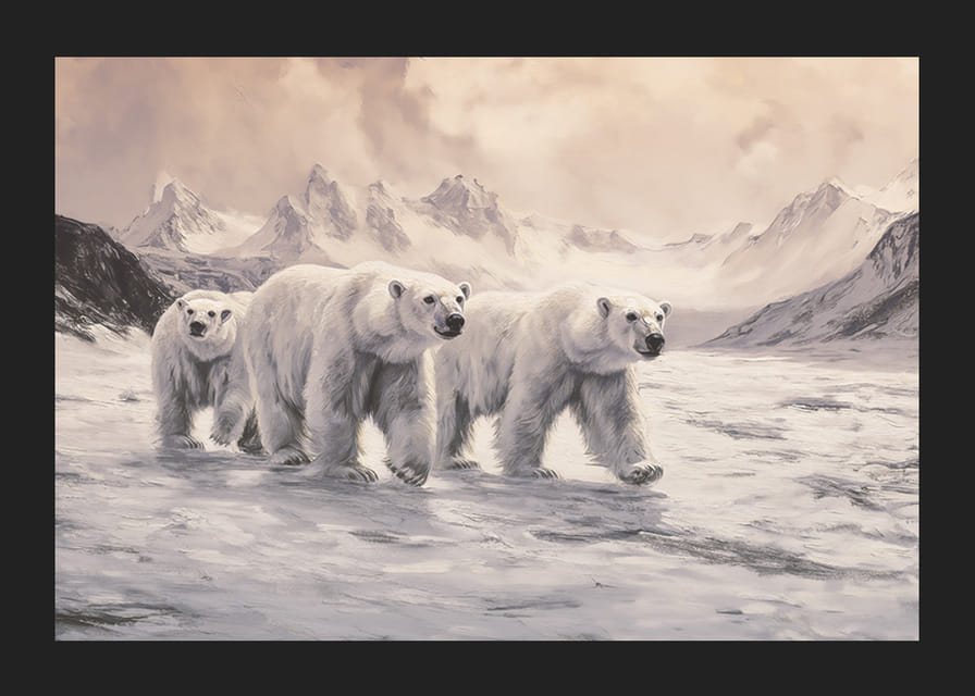 Plakatas, kuriame užfiksuoti baltieji lokiai, keliaujantys per sustingusį arktinį kraštovaizdį-12