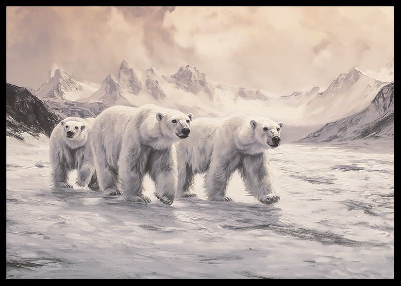 A poster capturing polar bears trekking through a frozen arctic landscape-12