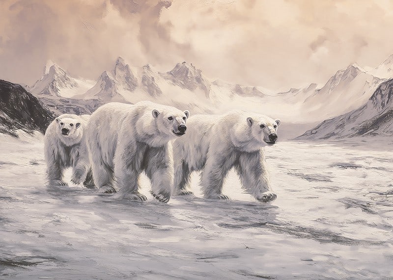 A poster capturing polar bears trekking through a frozen arctic landscape-12