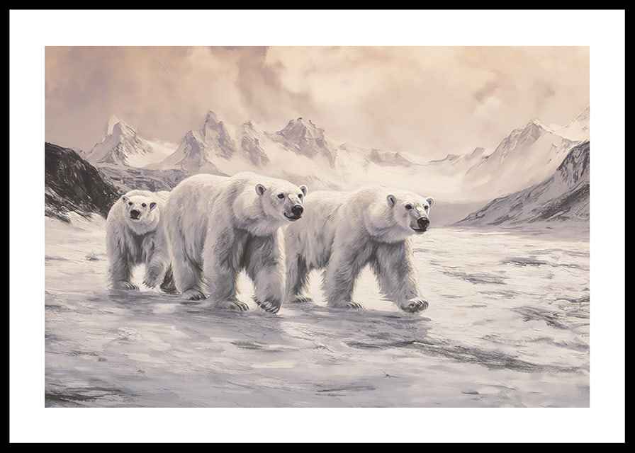 A poster capturing polar bears trekking through a frozen arctic landscape-12