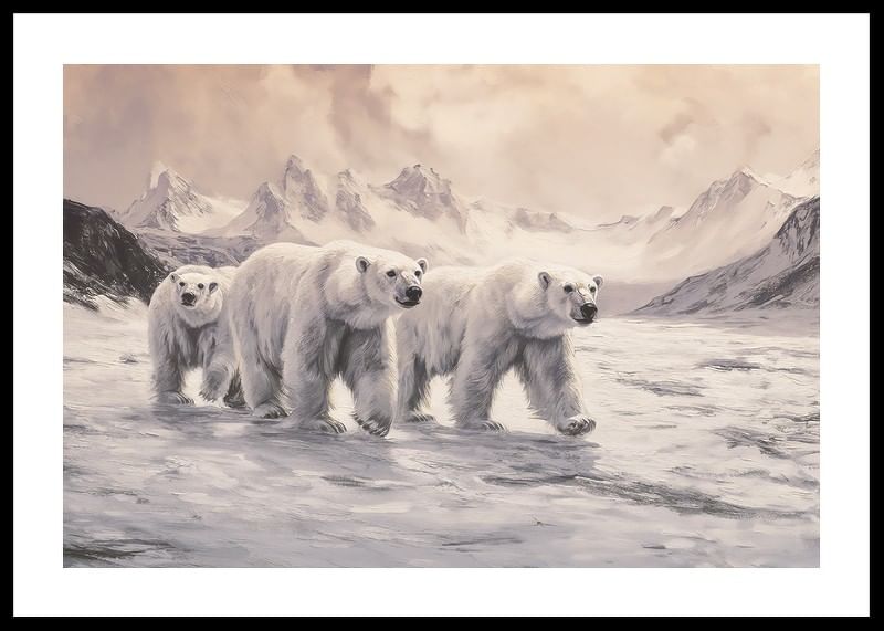A poster capturing polar bears trekking through a frozen arctic landscape-12
