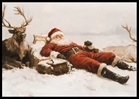 A poster that captures Santa Claus and the reindeer taking a rest after their Christmas adventures-6