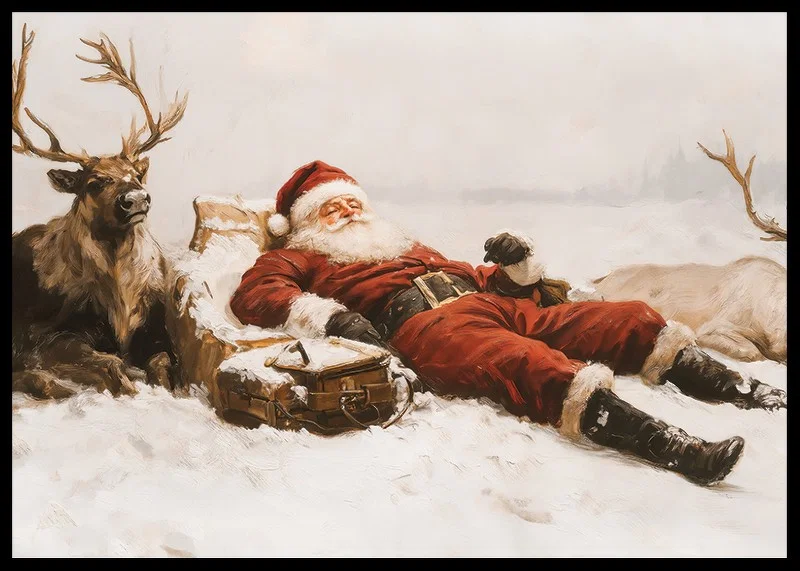 A poster that captures Santa Claus and the reindeer taking a rest after their Christmas adventures-12
