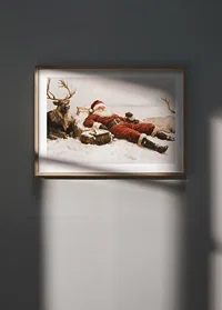 A poster that captures Santa Claus and the reindeer taking a rest after their Christmas adventures-8