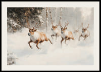 Plakatas, kuriame užfiksuotas didingas šiaurės elnių šuolis per apsnigtą mišką-2