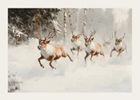 A poster that captures the majestic gallop of reindeer through a snow-covered forest-3