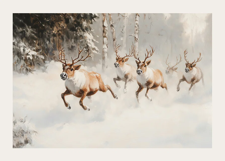 A poster that captures the majestic gallop of reindeer through a snow-covered forest-12