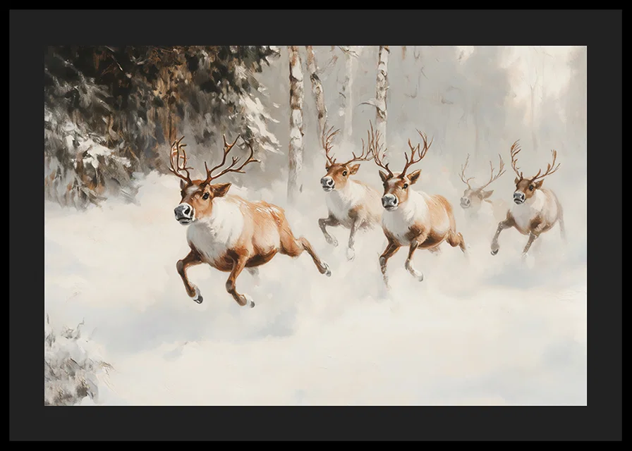 A poster that captures the majestic gallop of reindeer through a snow-covered forest-12