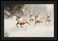 Plakatas, kuriame užfiksuotas didingas šiaurės elnių šuolis per apsnigtą mišką-4