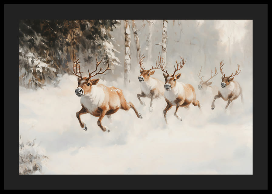 Plakatas, kuriame užfiksuotas didingas šiaurės elnių šuolis per apsnigtą mišką-12