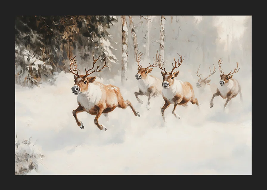 A poster that captures the majestic gallop of reindeer through a snow-covered forest-12