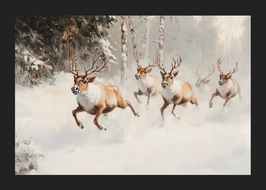 Plakatas, kuriame užfiksuotas didingas šiaurės elnių šuolis per apsnigtą mišką-12