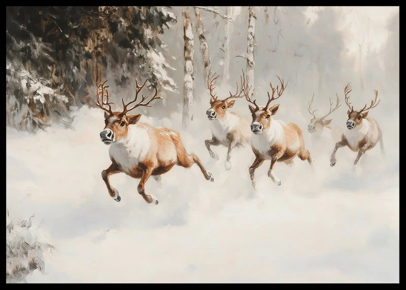 A poster that captures the majestic gallop of reindeer through a snow-covered forest-12