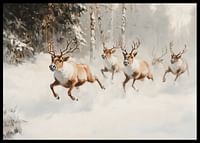 A poster that captures the majestic gallop of reindeer through a snow-covered forest-2