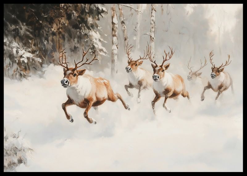 A poster that captures the majestic gallop of reindeer through a snow-covered forest-12