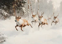 A poster that captures the majestic gallop of reindeer through a snow-covered forest-7