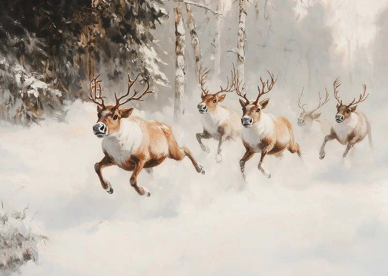 A poster that captures the majestic gallop of reindeer through a snow-covered forest-12