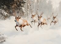 A poster that captures the majestic gallop of reindeer through a snow-covered forest-3