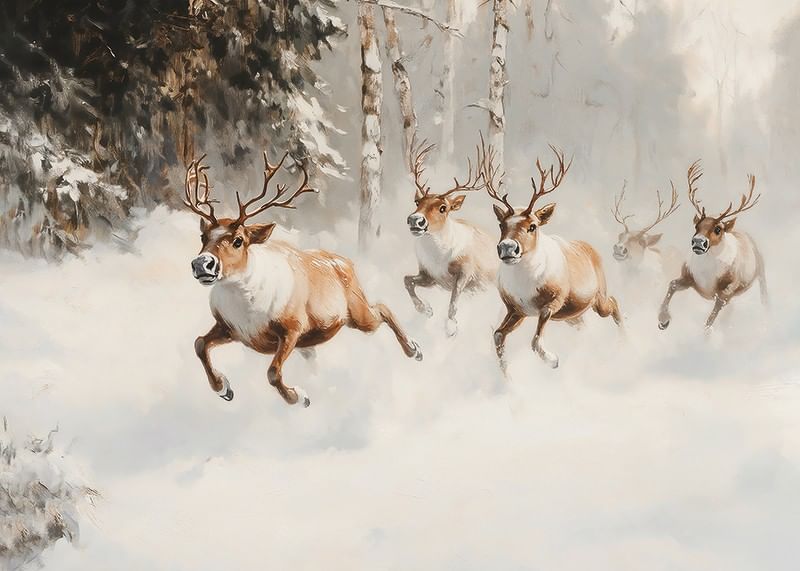 A poster that captures the majestic gallop of reindeer through a snow-covered forest-12